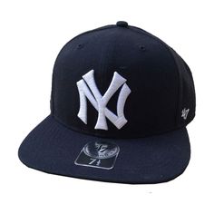 Navy Blue Flat Billed constructed baseball cap with New York Yankees logo embroidered applique on front, '47 on side, and New York on the back. Brand: Forty seven brand Collection: Cooperstown Collection Size: 7 1/2 Material: 85% Acrylic, 15% Wool Affordable Classic Flat Bill Baseball Cap, Forty Seven, New York Yankees Logo, School Must Haves, Navy Blue Flats, Yankees Logo, Embroidered Flats, Yankees Baseball, Embroidered Applique