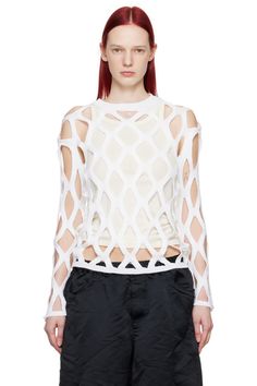 Black Comme des Garçons: White Cutout Sweater | SSENSE Cutout Sweater, Acrylic Sweater, Knit Crewneck, Comme Des Garcons, Knitwear Women, Apparel Accessories, Rib Knit, Knitted Sweaters, Knitwear