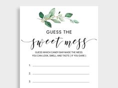 guess the sweetness card with greenery on it