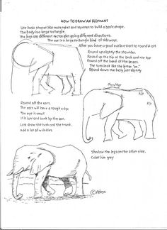 the instructions for how to draw elephants are shown in black and white, with an elephant standing