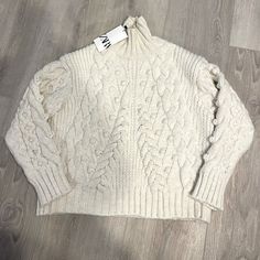 Comfy And Cozy Sweater By Zara. Warm White Turtleneck Sweater, Chic Zara Sweater For Winter, Zara Cable Knit Sweater For Fall, Casual Knitted Winter White Outerwear, Casual Winter White Sweater For Fall, Zara Trendy Cream Sweater, Zara Long Sleeve Cable Knit Outerwear, Cozy White Turtleneck Outerwear, Casual Winter White Sweater For Winter