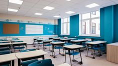 an empty classroom with blue walls and desks