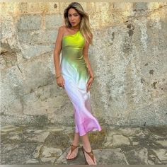 New Zara Tie Dye Asymmetric Dress Size M New With Tag. Ref.: 3643/361/330 Asymmetric Dress, Asymmetrical Dress, Zara Dresses, Pink And Green, Batik, Print Dress, New Dress, One Shoulder, Tie Dye