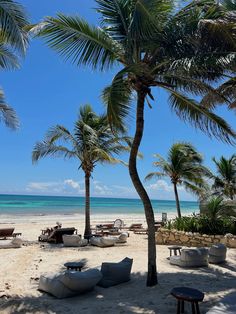 the beach is lined with lounge chairs and palm trees