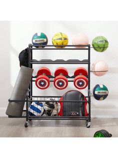 a rack filled with different types of sports balls and equipment on top of a hard wood floor