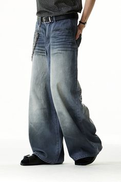 Classic Basic Crinkle Whisker Wash Jeans - chiclara Baggy Faded Wide Leg Cargo Jeans, Baggy Wide Leg Cargo Jeans In Faded Color, Faded Baggy Wide Leg Cargo Jeans, Faded Baggy Wide-leg Cargo Jeans, Oversized Faded Urban Bottoms, Faded Oversized Urban Bottoms, Oversized Washed Wide Leg Jeans, Oversized Washed Cotton Pants, Oversized Faded Denim Bottoms