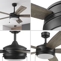 four different views of a ceiling fan with wood blades and light shades on the sides