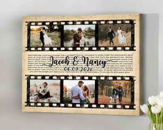 a couple's wedding photo collage with their names and pictures on it, sitting next to a potted plant