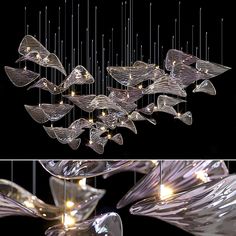 two pictures of the same chandelier in different stages of being blown with lights