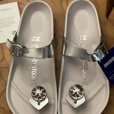 Never Worn.Size 8 The Product Has Certificates. Designer Silver Sandals With Round Toe, Birkenstock Sandal, Shoes Birkenstock, Birkenstock Sandals, Birkenstock Shoes, Women's Shoes Sandals, Birkenstock, Silver Color, Metallic Silver