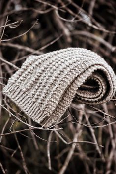 a white knitted hat sitting on top of a tree branch