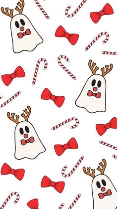 a white background with red bows and candy canes on it's sides, including two ghost faces