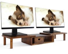 two computer monitors with a puppy sleeping on top of it's sides, one is turned off and the other is upside down