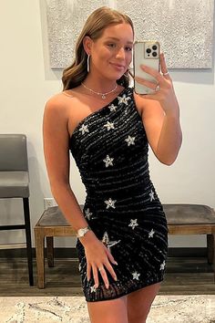 Lima | Black One Shoulder Sequin Star Above Keen Homecoming Dress One Shoulder Homecoming Dresses, Cowboy Prom, Sparkly Bodycon Dress, Outfit Fiesta, Homecoming Dresses Bodycon, Mitzvah Dresses, Hoco Inspo, Tight Homecoming Dress, Black Sequin Shorts