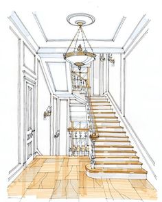 a drawing of a staircase in a house