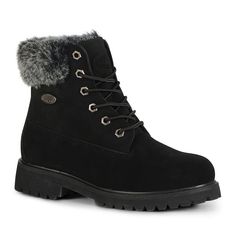 These women's Lugz Convoy boots deliver a sleek work-style complete with cushioned insoles for optimal performance.Watch the video to find out how to perfectly fit your boots.BOOT FEATURES Faux-fur trim Padded collar & tongue Durable lug sole BOOT CONSTRUCTION Synthetic upper Faux-fur lining Rubber outsole BOOT DETAILS Round toe Lace-up closure Cushioned insole 1-in. heel 5.5-in. shaft 12.5-in. circumference  Size: Medium (9). Color: Black. Gender: female. Age Group: adult. Pattern: Solid. M Lugz Boots, Faux Fur Fashion, Short Black Boots, Womens Black Booties, Lug Sole Boots, Women's Ankle Boots, Faux Fur Boots, Hiking Boots Women, Winter Ankle Boots