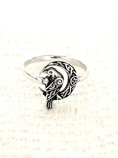 "Handcast 925 Sterling Silver Raven on Celtic Crescent Moon Ring                                      This gorgeous ring was handcast by me in my studio from solid stamped nickle free 925 Sterling Silver. The ring measures approx. 0.59\" tall, tapering down to 0.1\" in back Weight approx. 3 grams depending on ring size. The ring can be custom sized from size 6 up to size 10 for no additional charge. Jewelry Gift Box Handling time approx. 5 days Domestic Standard shipping $4 Domestic Priority Mai Nickel Free Silver Crescent Rings, Silver Crescent Rings Nickel Free, Nickel-free Silver Crescent Rings, Nickel Free Sterling Silver Crescent Rings, Nickel-free Sterling Silver Crescent Rings, Nickel-free Crescent Sterling Silver Rings, Crescent Moon Ring, Gorgeous Ring, Moon Ring