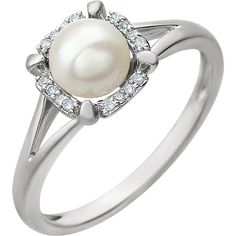 ApplesofGold.com - Freshwater Cultured Pearl and Diamond Ring Jewelry $375.00 Pearl And Diamond Necklace, Pearl And Diamond Ring, Diamond Fashion Rings, Pearl And Diamond Earrings, Authentic Jewelry, Jewelry Rings Diamond, White Freshwater Pearl, Halo Diamond Ring, Pearl Diamond