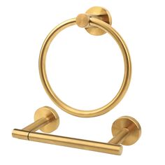 a gold colored towel ring with two balls on it