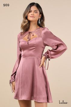 When it comes to looking sweet at the soiree, secure the top spot in the Lulus Consistent Beauty Mauve Pink Lace Cutout Long Sleeve Mini Dress! Sleek, satin-y woven fabric boasts a subtle textured effect as it shapes long balloon sleeves with elastic cuffs that have tying bow details. Crew neckline features a matching tie, atop a front cutout and a sheer lace panel that wraps from the back to the front. Seamed bodice has a sweetheart effect at the front, atop a high waist and a flaring mini skir Blush Long Sleeve Dress, Lace Cutout, Long Balloons, Mauve Pink, Lace Panelled, Long Sleeve Mini, Balloon Sleeves, Long Sleeve Mini Dress, Pink Lace