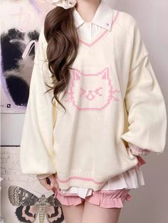 This sweater features a charming V-neck design adorned with delightful kitty patterns, making it irresistibly cute. The fabric is incredibly soft and cozy, ensuring a comfortable wear.  Please note that the price includes only the sweater.   	 		 			Size 			S 			M 			L 		 		 			Length 			62 			68 			72 		 		 			Bust 			120 			124 			128 		 		 			Sleeve Length 			49 			50 			51 Kitty Pattern, Knitted Leg Warmers, Cute Room Decor, Pattern Sweater, Really Cute Outfits, Star Designs, Graphic Hoodies, Sweater Shop, Neck Designs