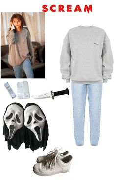 a woman in grey sweater and jeans with ghost shoes