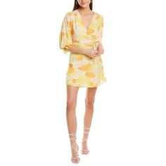 Shirred Shoulders, 3/4-Length Sleeves, And Elasticized Cuffs. Self-Tie Closure. 100% Rayon. True To Size Sample Piece Yellow Half Sleeve Spring Dress, Yellow Half Sleeve Dress For Spring, Hem Design, Mod Dress, Floral Color, Mini Wrap Dress, Denim Shop, Lightweight Jacket, Holiday Dresses