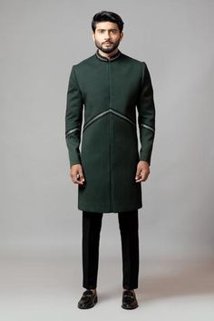 Shop for Smriti by Anju Agarwal Green Suiting Pintuck Sherwani And Pant Set for Men Online at Aza Fashions Green Sherwani, Embroidered Neckline, Bottle Green, Slim Fit Trousers, Pant Set, Pin Tucks, Mandarin Collar, Aza Fashion, Black Silver