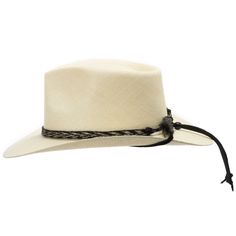 The Rio Grande is an American hybrid between a teardrop crown fedora and the brim and stiffness of a western cowboy hat. Features a sweat-resistant band on the inside and a handcrafted leather and horsehair band on the exterior. The chin strap can be worn functionally or placed above the brim as an extension of the hatband. This item is a genuine Panama Hat handwoven in Ecuador. Imported Material: 100% Toquilla StrawBrim: 3" fixedCrown: 4 1/8" teardropHatband: 5/8" horsetailClimate: Sun Handwove Western Leather Fedora For Kentucky Derby, Adjustable Western Style Brimmed Fedora, Adjustable Curved Brim Fedora For Rodeo, Adjustable Brimmed Panama Hat For Rodeo, Western Leather Hat Bands For Kentucky Derby, Toquilla Straw Ranch Hat With Short Brim, Adjustable Wide Brim Fur Felt Panama Hat, Western Style Rigid Straw Hat For Rodeo, Fur Felt Hat Bands For Rodeo And Kentucky Derby