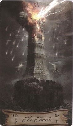 an image of a tower with birds flying around it in the sky and on fire