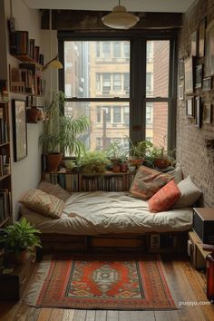 a living room filled with lots of furniture and plants on top of a window sill