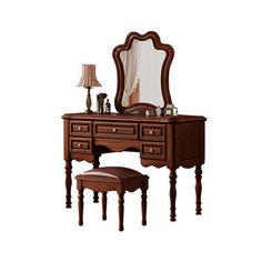 a wooden vanity with mirror, stool and lamp on it's side in front of a white background