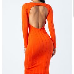 Backless Orange Ribbed Knit Dress Midi Dress Wide Rib Long Sleeve Open Back Stretch Nylon 30%, Rayon 70% Ribbed Stretch Backless Dress, Stretch Ribbed Backless Dress, Ribbed Bodycon Backless Dress, Ribbed Midi Mini Dress For Party, Chic Ribbed Backless Bodycon Dress, Ribbed Backless Bodycon Dress For Spring, Spring Ribbed Backless Bodycon Dress, Ribbed Backless Bodycon Dress For Party, Ribbed Backless Bodycon Dress