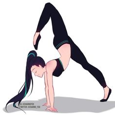 a woman in black shirt and leggings doing a yoga pose with her hands behind her head