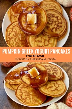 pumpkin greek yogurt pancakes on a plate with syrup and butter in the middle