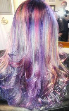 Vivid haircolor Fun Fall Hair Color Ideas, Bright Dyed Hair, Cute Dyed Hair, Rare Hair Colors, Purple Hair Multicolor, Fox Dyed Hair, Pink Purple And Blue Hair Underneath, Prism Hair Color, Multicoloured Hair