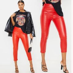 Ultra-Chic And Sexy Statement Pants! One Of Those Hot Pieces That Make You Feel Like A Dangerous Woman. Comes In Vibrant Red That Adds A Perfect Splash Of Color To Any Outfit. Designed With A Flattering High-Waisted Silhouette, Skinny Leg Cut, Paneled Front, Soft Lining, And Zipper Closure On The Back. Made From High-Quality Vegan Leather (100% Polyester)Comfy, Soft, And Surprisingly Versatile, Will Look Equally Gorgeous With A Sexy Crop Top As It Is With A Blazer. Approx Measurements: 24.5" Inseam, 11.3" Rise, 13.5"Flat Waist, 36" Length. Nwot From A Clean, Smoke-Free Home. High Waist Club Leggings, Red High Waist Leggings For Spring, High Waist Red Leggings For Spring, Trendy High Waist Red Leggings, Trendy Red High-waisted Leggings, Trendy Fitted Red Leggings, Trendy Red Fitted Leggings, Chic Red Bottoms For Going Out, Edgy Red Bottoms For Night Out