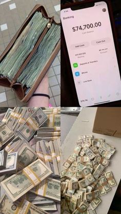 a bunch of money sitting on top of a table next to a wallet and phone