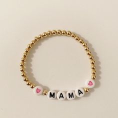 This is the perfect gift for a new mom, your best friend or yourself! This listing is for one custom made 14k gold filled 4mm custom beaded Mama bracelet. If you choose this listing, it will include the pink hearts, blue heart, red hearts or black hearts Beads are 14k gold filled so they should not tarnish or peel. Please allow 2 weeks for this item to ship. To measure wrist size, I suggest you measure the actual size of your wrist and add 1/2 inch so it fits comfortably. If you need the size ad Stained Glass Jewelry Pendant, Horn Necklace Boho, Crescent Moon Necklace Gold, Jewelry Name, Mama Bracelet, Bracelet Initial, Pulseras Diy, Choker Pendant, Horn Necklace