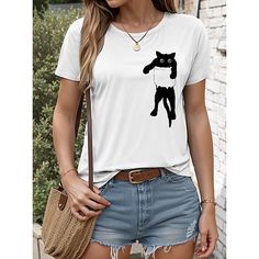 Category:T-shirt; Season:Summer; Fabric:100% Cotton; Sleeve Length:Short Sleeve; Gender:Women's; Style:Casual; Elasticity:Micro-elastic; Tops Type:T shirt; Occasion:Daily; Top Length:Regular; Fit Type:Loose Fit; Pattern:Cat; Design:Print; Neckline:Crew Neck; Brand:Ador; Listing Date:06/27/2024; Bust:null; Length:null; Sleeve:null; Fit US Size:null; Fit UK Size:null; Fit EU Size:null; Print Type:Hot Stamping Casual Short Sleeve T-shirt With Cat Print, Trendy Cat Print Summer Tops, Trendy Summer Tops With Cat Print, Trendy Cat Print Tops For Summer, Summer Crew Neck T-shirt With Cat Print, White Cat Print T-shirt For Summer, Summer Cat Print Crew Neck T-shirt, Spring White T-shirt With Cat Design, White Cat Design T-shirt For Summer