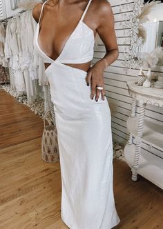 WE WANT FABULOUS - SEQUINS CUTOUT FORMAL DRESS | PRIVATE LABEL STYLES Formal Dress With Cutouts, Side Cutout Prom Dress, Prom Dress With Cutouts, White Sleeveless Maxi Dress For Party Season, White Maxi Dress For Party Season, White Glamorous Dress For Night Out, Elegant Lined Maxi Dress For Brunch, Dressy White Party Dress, Glamorous White Midi Dress