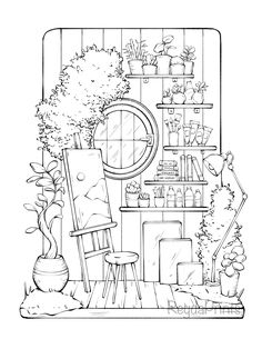 a black and white drawing of a chair in front of a bookshelf filled with plants