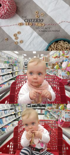 a baby sitting in a red shopping cart and eating some food with the caption's name on it