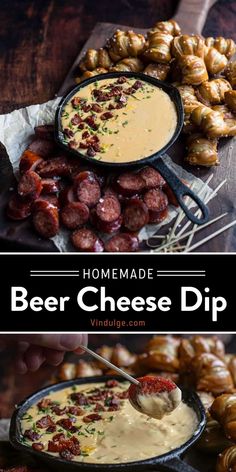 homemade beer cheese dip with sausages and pretzels