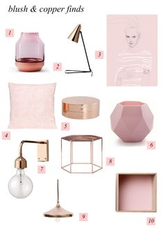 pink and copper decor with the words blush & copper finds on it, including lamp, table