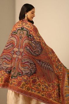 Multi color handmade pashmina shawl with floral kalamkari pattern details. - Aza Fashions Elegant Multicolor Embroidered Saree, Traditional Jamawar Dupatta With Naqshi Embroidery, Traditional Jamawar Dupatta With Naqshi Details, Traditional Jamawar Dupatta With Naqshi, Pashmina Saree With Motifs, Unstitched Pashmina Shawl With Pallu, Multicolor Naqshi Dupatta For Diwali, Bollywood Multicolor Dupatta With Naqshi, Bohemian Pashmina Shawl With Pallu