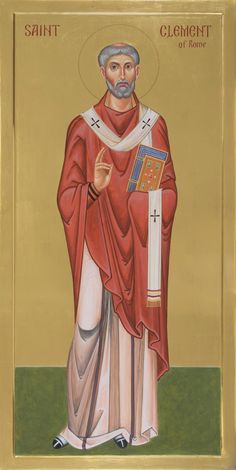 an icon of st clement of rome with the cross on his left hand and red robes