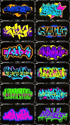 the different types of graffiti written in multiple colors and styles on black paper with white writing