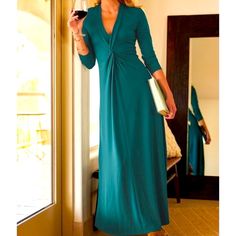 Color Is Atlantic Deep (Teal Blue Green). An Amazing Silhouette With Center Front Twist And Contoured Ruching From V-Neck To Full Sweep, In Versatile Ponte Knit. Super Comfortable And Classic. Very Stylish. Can Be Dressed Up Or Down. Wear For Everyday With Flats Or Sandals Or Pair With Heels, An Updo And Sparkly Jewelry For An Evening Event Or Date Night. You’ll Look Gorgeous Yet Stay Cozy And Comfortable In The Soft Knit. Size Xs. Fits Size 2-4 Smoke Free Pet Free Home Elegant Fitted Turquoise Maxi Dress, Elegant Turquoise Maxi Dress, Elegant Turquoise V-neck Maxi Dress, Soft Surroundings Dresses, Sparkly Jewelry, Blue Outfit, Deep Teal, Soft Surroundings, Stay Cozy