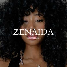 a woman with long black curly hair wearing a necklace that reads, zenada